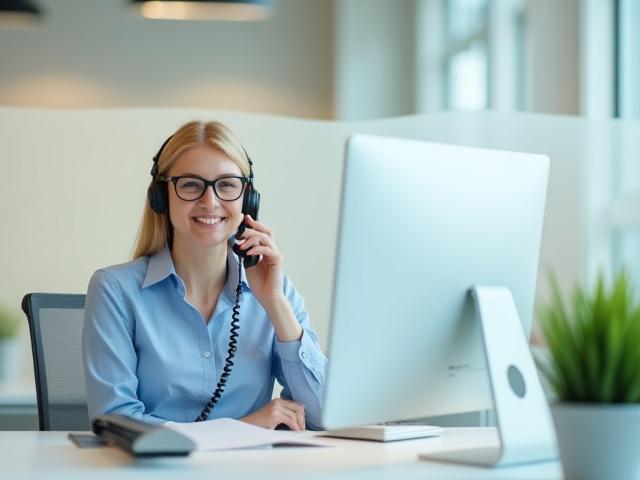 Moderne kontorinteriør med vennlig representant som svarer telefonen hos Lilje Hjelp.